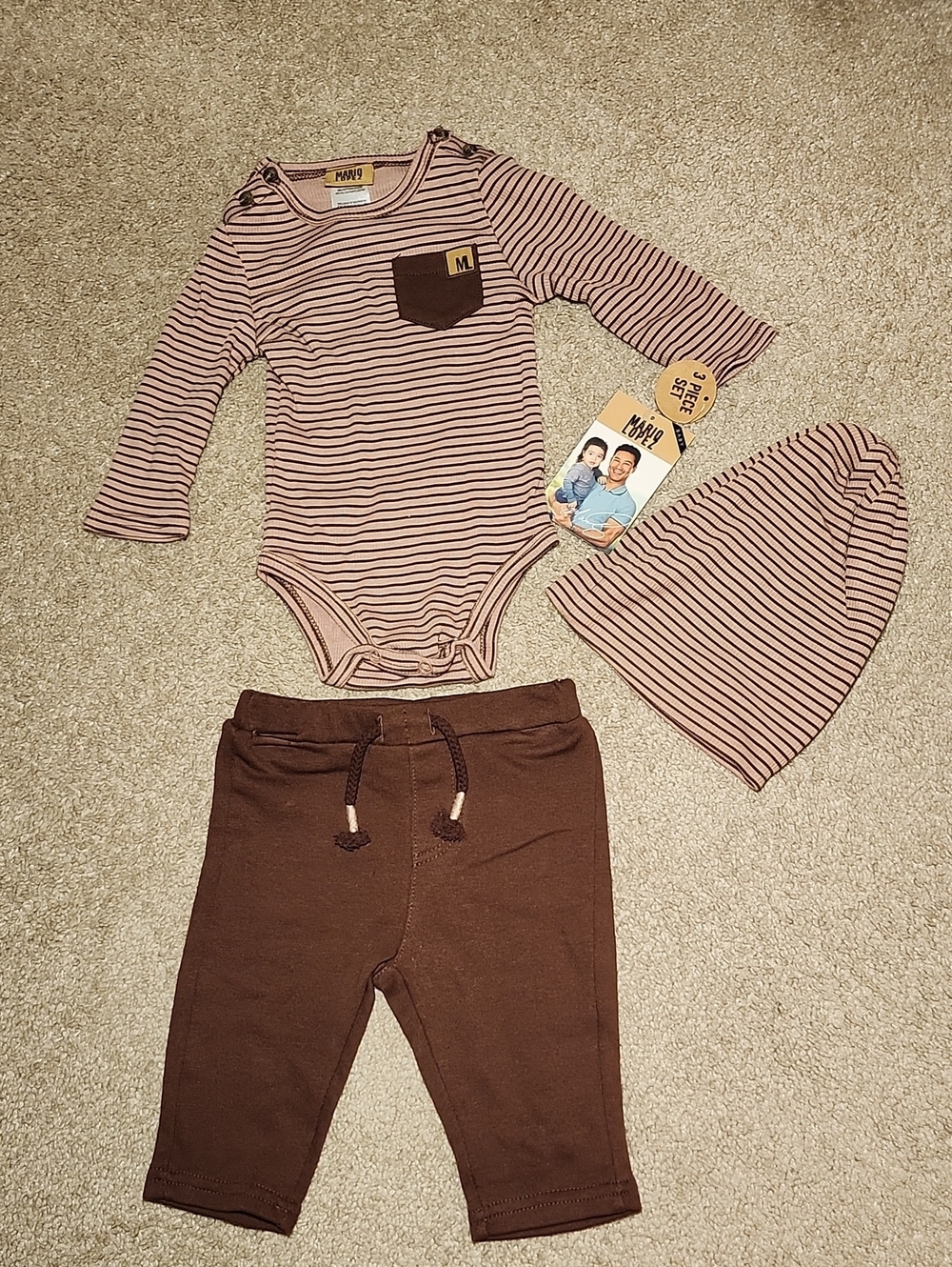 Mario Lopez Kids Baby Boy 3-Piece Set Striped Bodysuit Pants Hat 3/6 M NWT - Picture 2 of 15